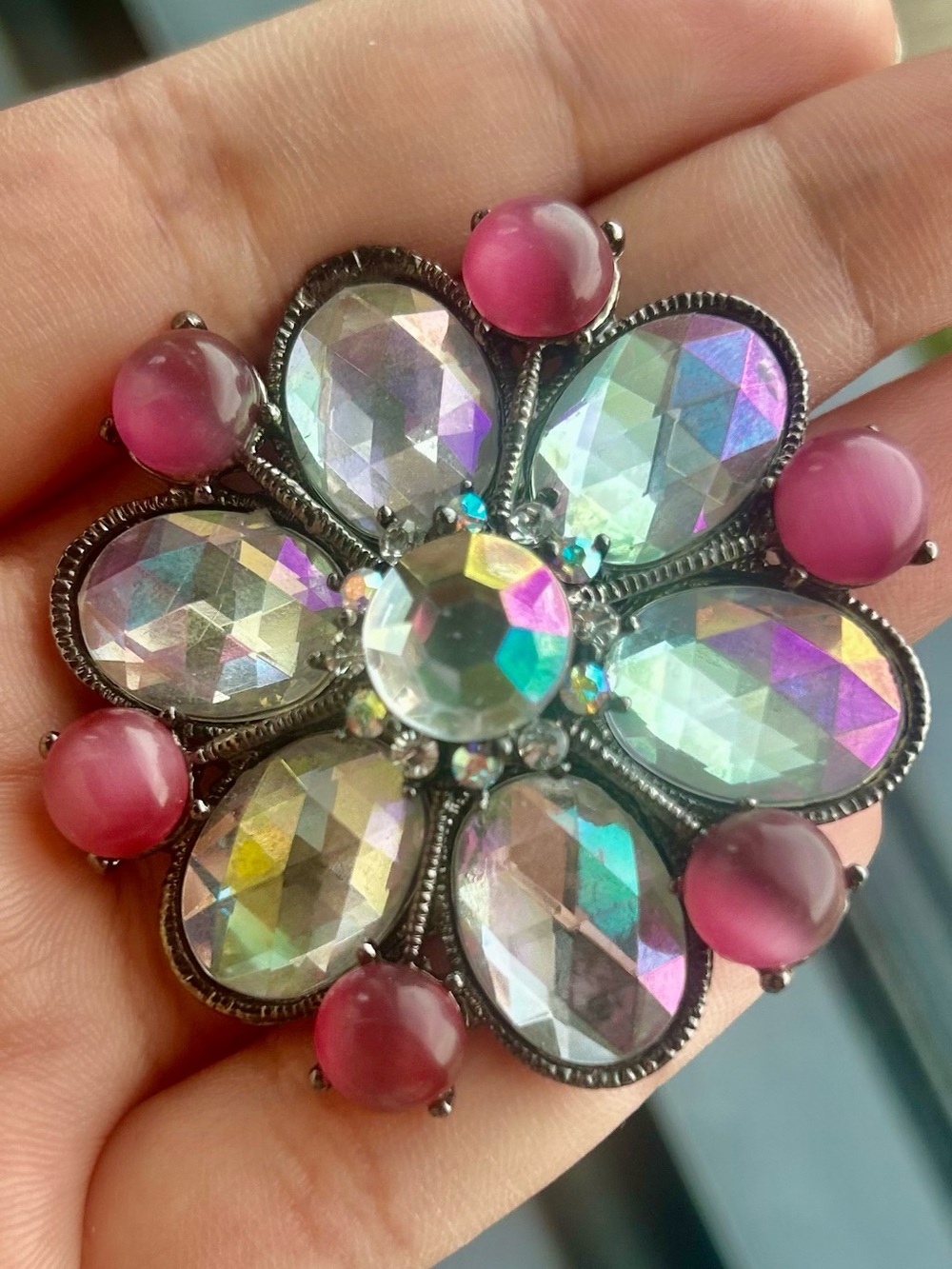 Iridescent Crystal Flower Brooch with Pink Accents